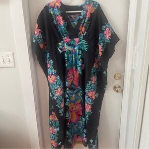 Vintage Tropical Eve Hawaii Muu Muu Kaftan Maxi Dress Black Floral Kimono OS
